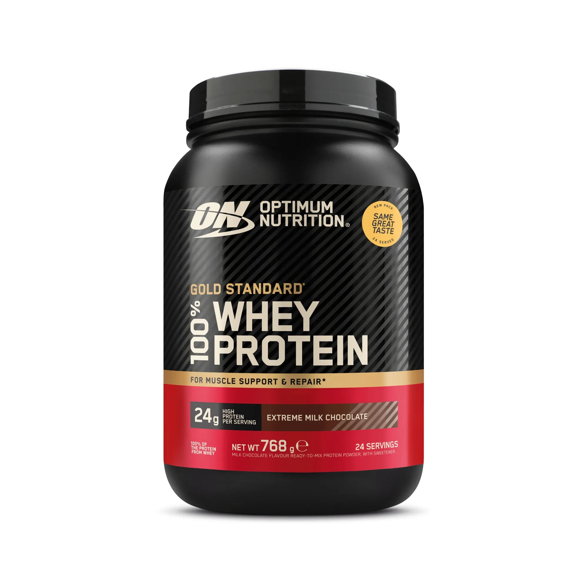 Optimum Nutrition 100% Whey Gold Standard 775 g i en svart burk med rött band för smaken Extreme Milk Chocolate., bild 5 av 8