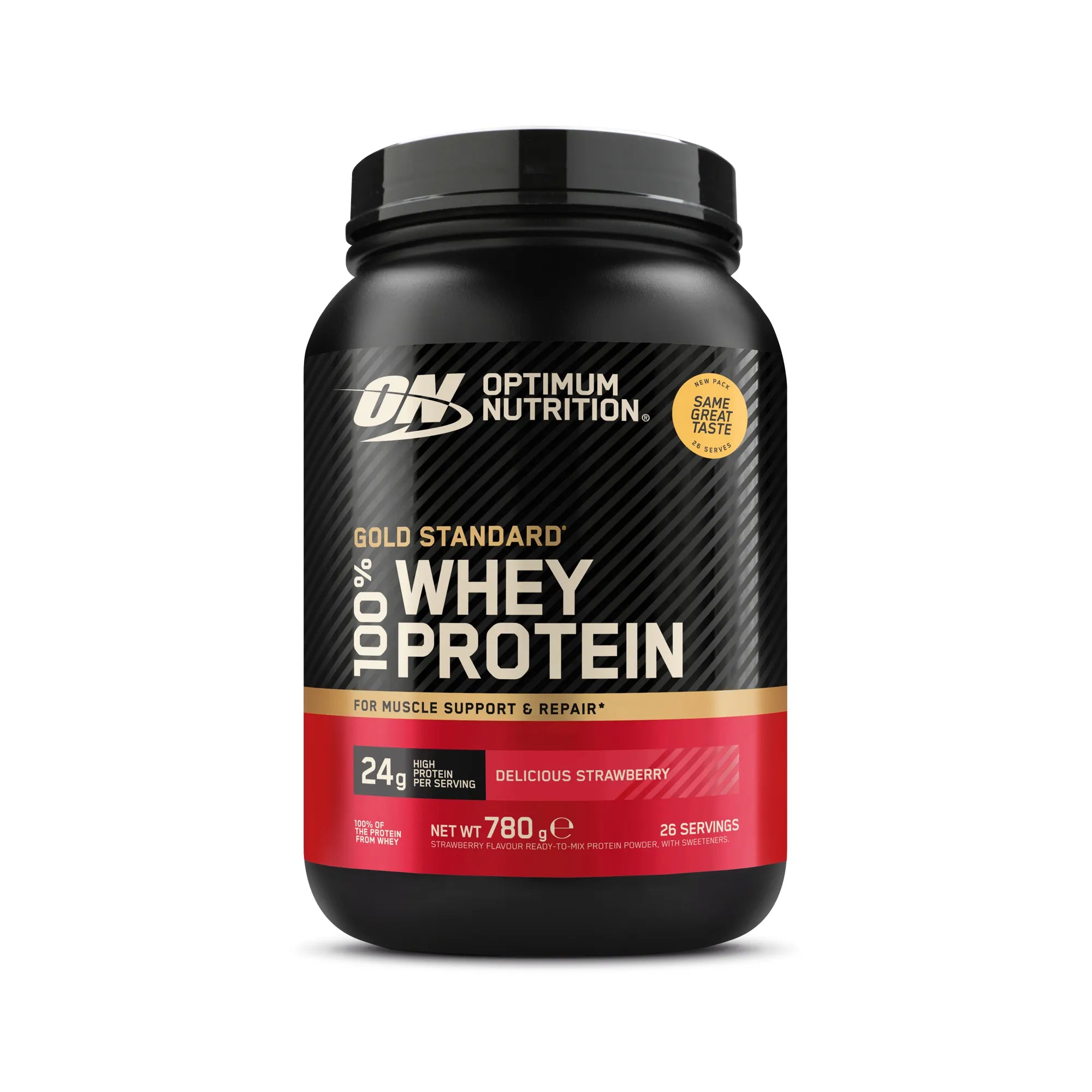 Optimum Nutrition 100% Whey Gold Standard 775 g i en svart burk med röda detaljer i smaken Delicious Strawberry., bild 6 av 8