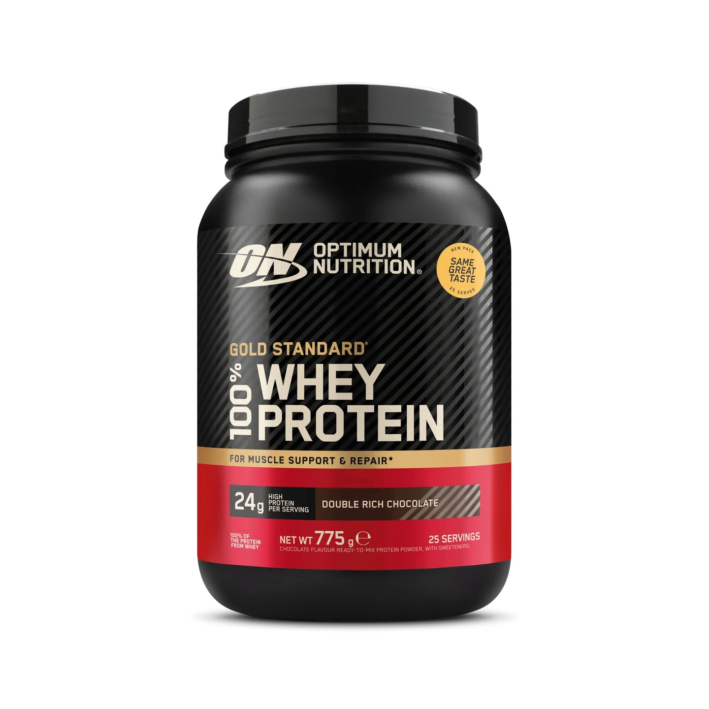 Optimum Nutrition 100% Whey Gold Standard 775 g i en svart burk med röda detaljer för smaken Double Rich Chocolate., bild 7 av 8
