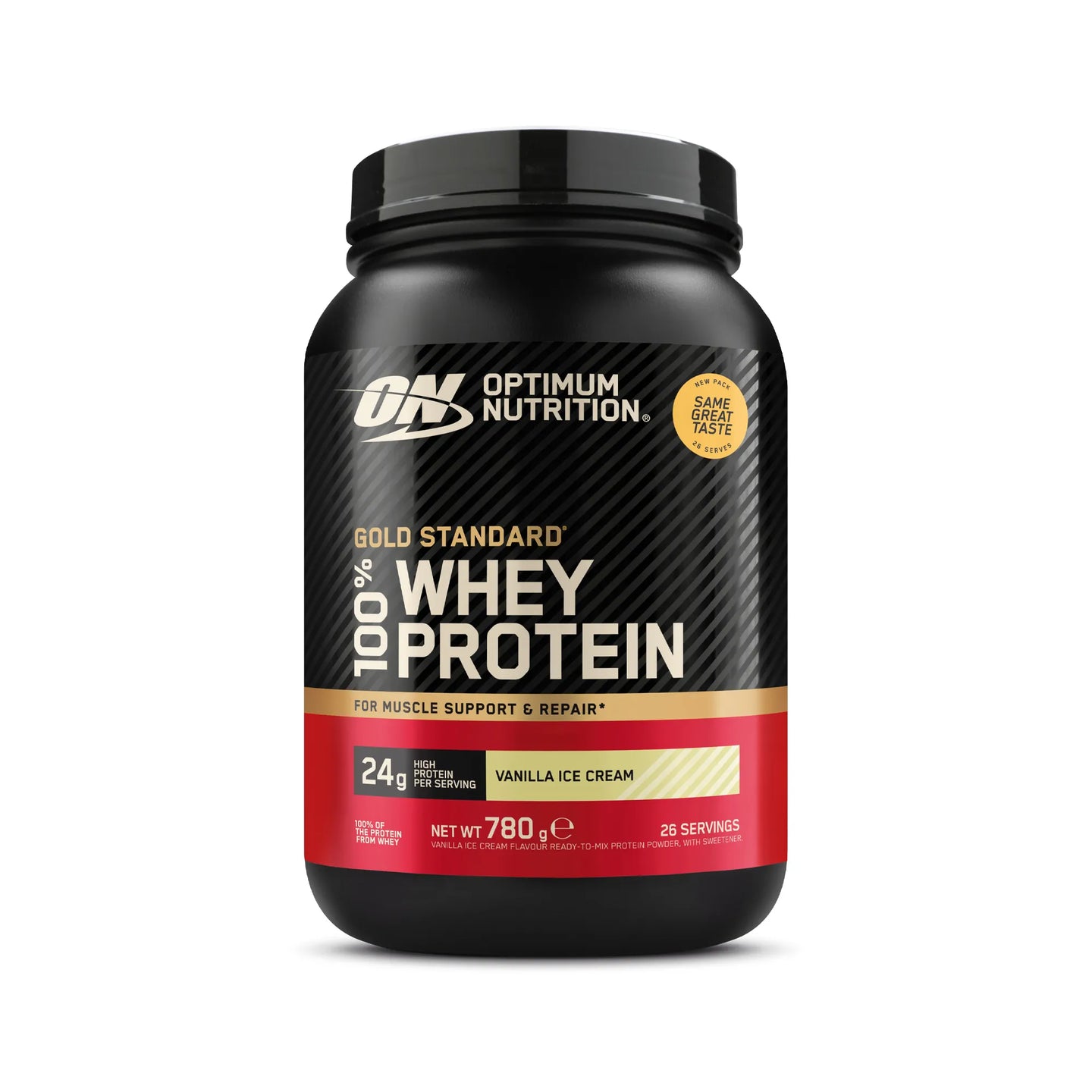 Optimum Nutrition 100% Whey Gold Standard 775 g proteinpulver i en svart burk med smak av Vanilla Ice Cream., bild 8 av 8