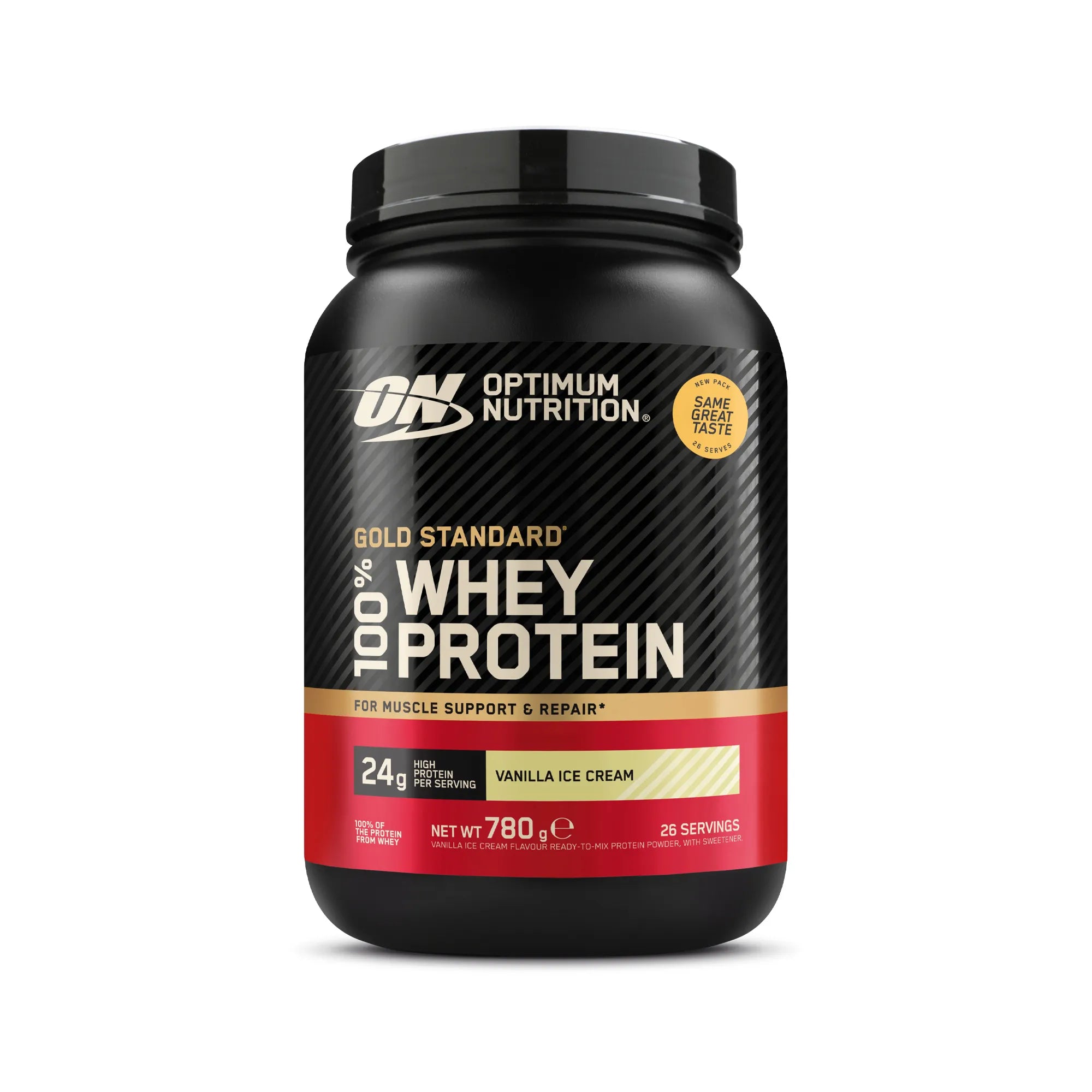 Optimum Nutrition 100% Whey Gold Standard 775 g proteinpulver i en svart burk med smak av Vanilla Ice Cream., bild 8 av 8