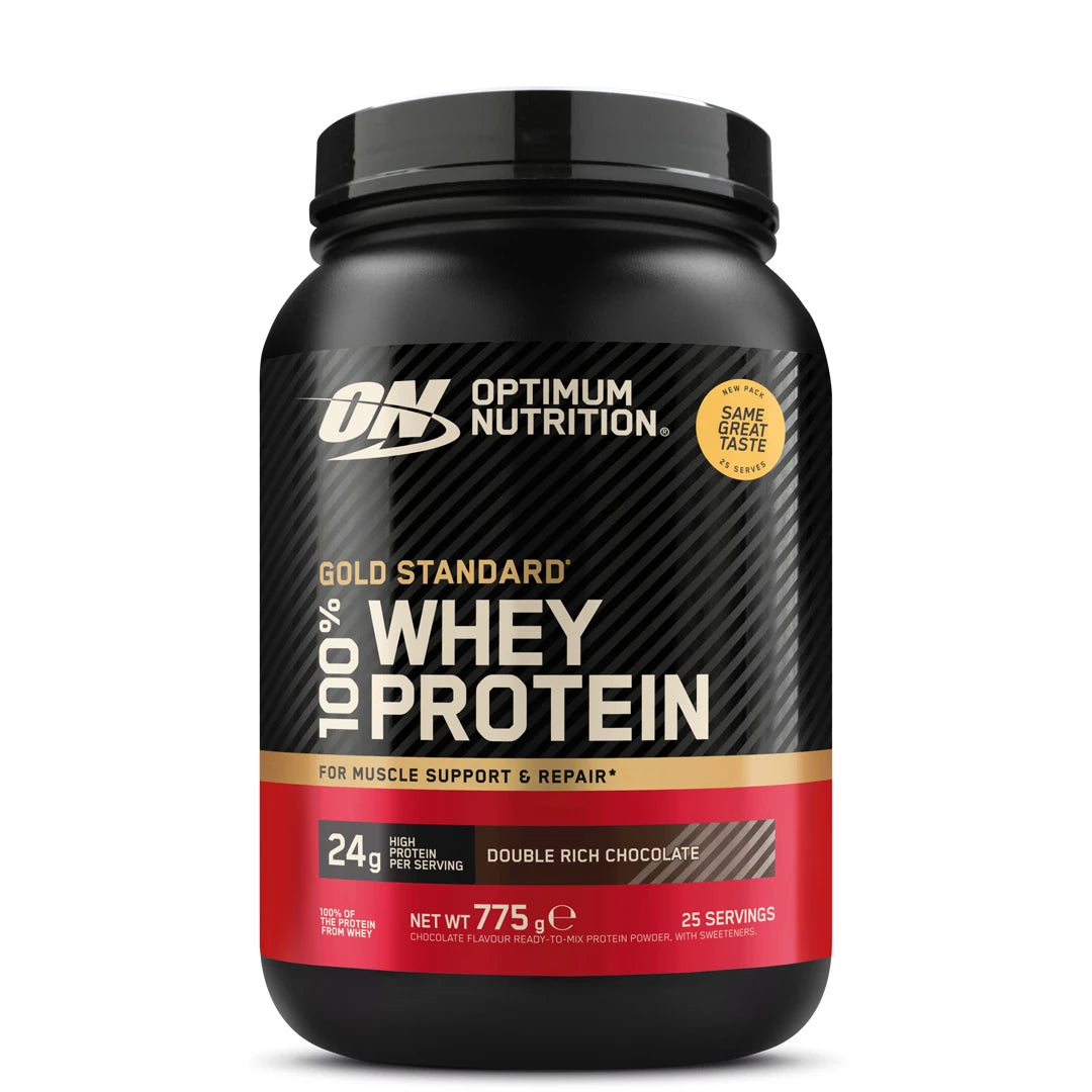 Optimum Nutrition 100% Whey Gold Standard 775 g proteinpulver i en svart burk med röd etikett för smaken Double Rich Chocolate.