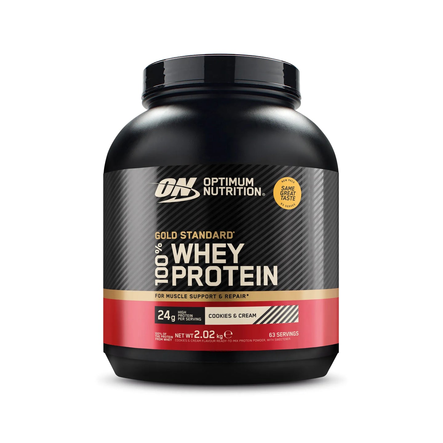 Optimum Nutrition 100% Whey Gold Standard 2 kg i en svart burk med röda detaljer för smaken Cookies &amp; Cream., bild 3 av 6