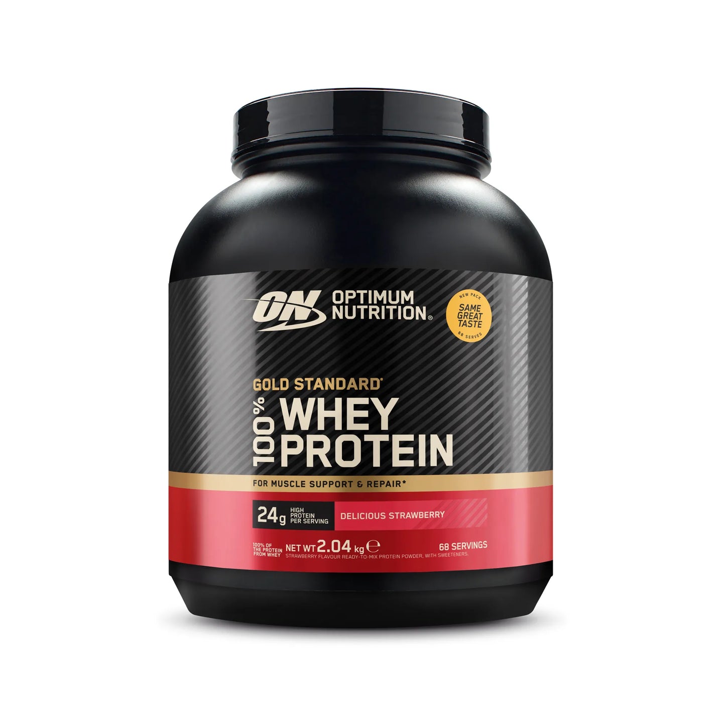 Optimum Nutrition 100% Whey Gold Standard 2 kg i en svart burk med röda detaljer för smaken Delicious Strawberry., bild 1 av 6