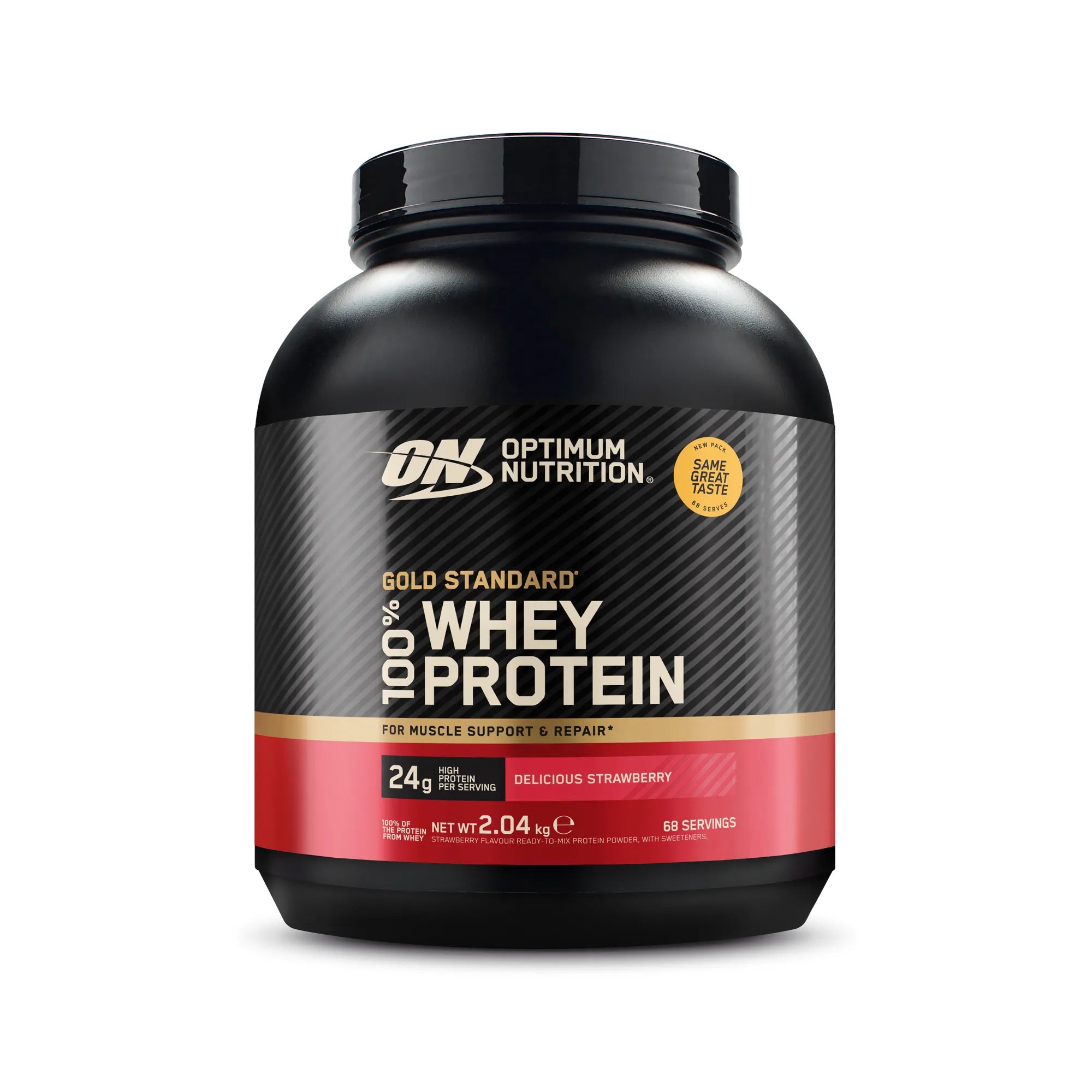Optimum Nutrition 100% Whey Gold Standard 2 kg i en svart burk med röda detaljer för smaken Delicious Strawberry., bild 1 av 6
