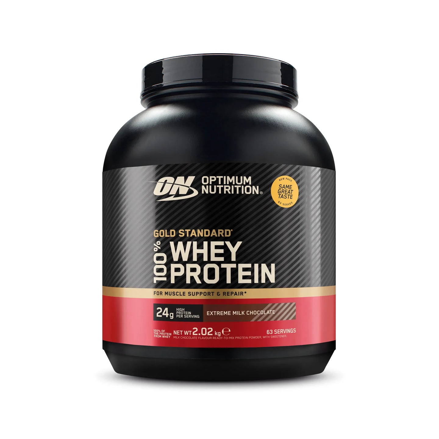 Optimum Nutrition 100% Whey Gold Standard 2 kg i en svart burk med röda detaljer för smaken Extreme Milk Chocolate., bild 4 av 6