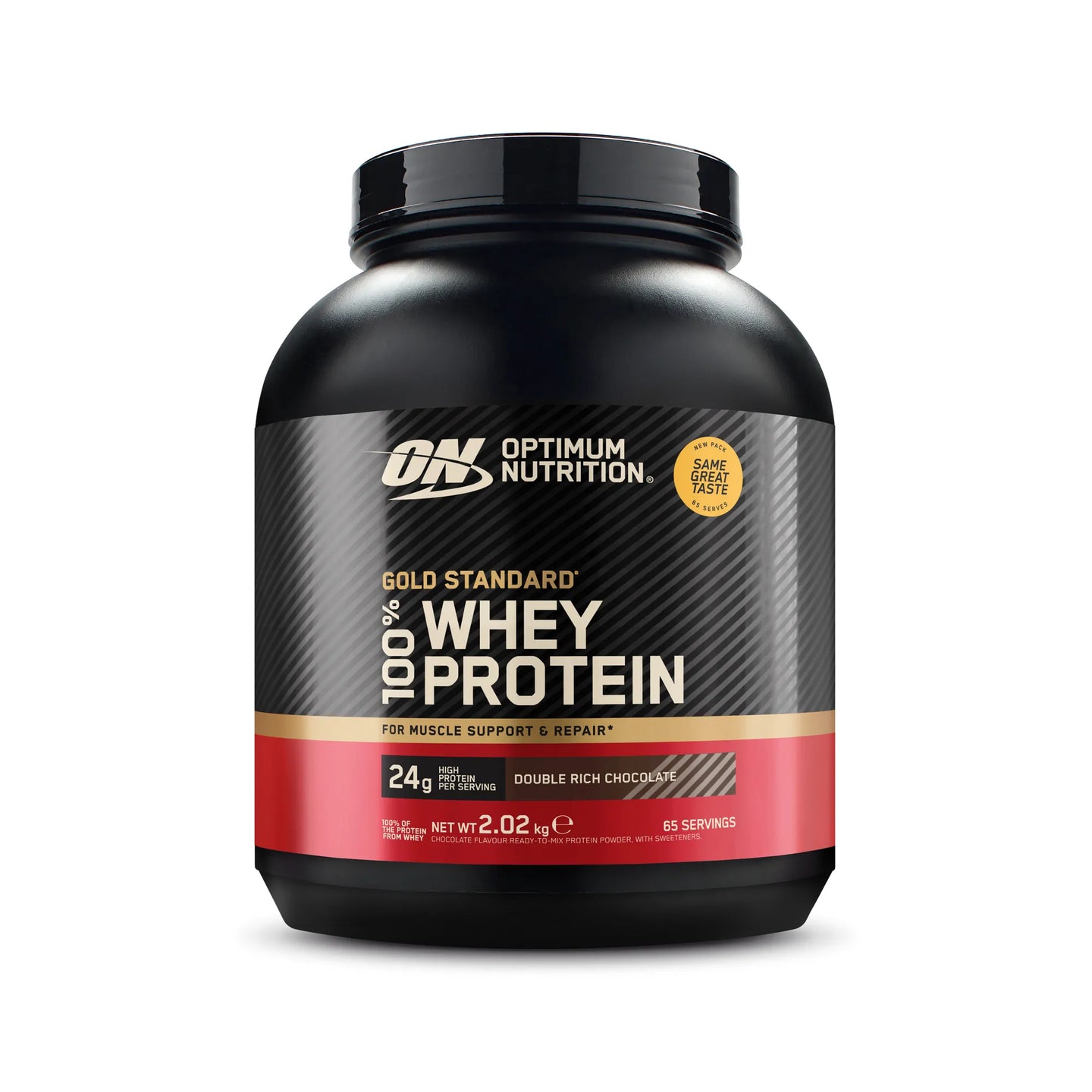 Optimum Nutrition 100% Whey Gold Standard 2 kg i en svart burk med röda detaljer för smaken Double Rich Chocolate., bild 5 av 6
