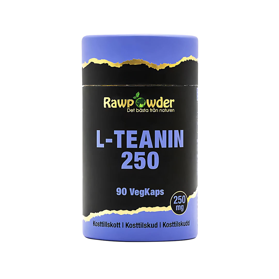 Rawpowder L-Teanin 90 caps kosttillskott i en svart burk med ljusblått lock och detaljer.