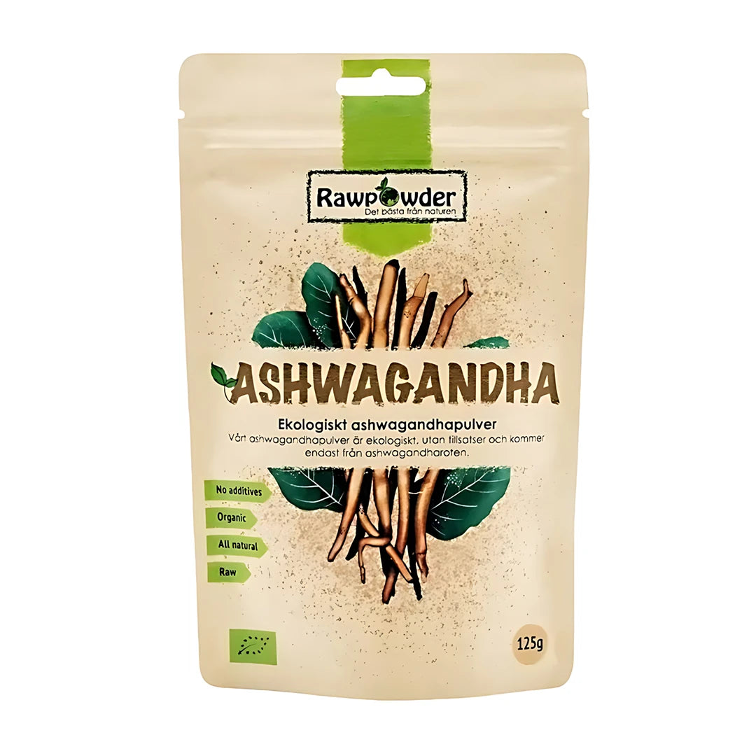 Rawpowder Ashwaganda pulver 125 g i en ljusbeige påse med illustrationer av ashwagandharötter och gröna blad.