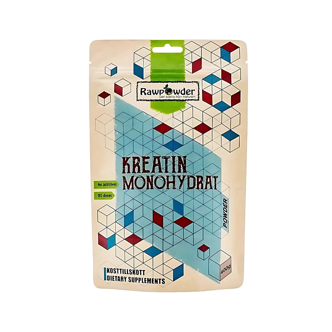 Rawpowder Kreatin monohydrat 400 g kosttillskott i pulverform, förpackad i en påse med geometriskt mönster i blått och rött.