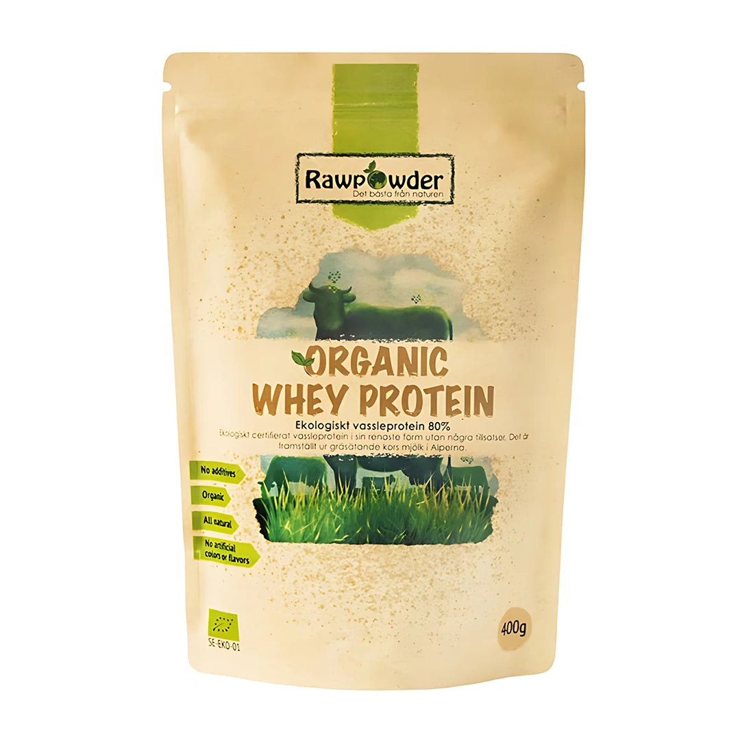 Rawpowder Organic Whey Protein 400 g ekologiskt proteinpulver, beige påse med gröna detaljer och illustrationer av kor.