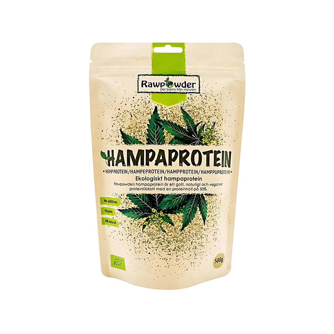 Rawpowder Hampaprotein 500 g i en beige påse med gröna hampablad och text för ekologiskt veganskt proteinpulver.