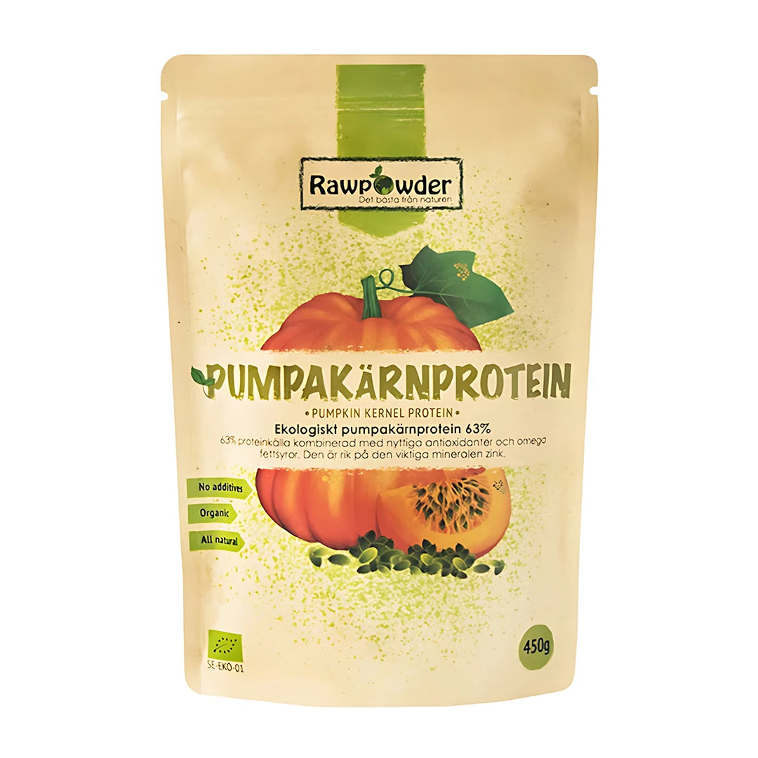 Rawpowder Pumpakärnprotein 450 g, ekologiskt proteinpulver i en beige påse med en illustration av en pumpa.