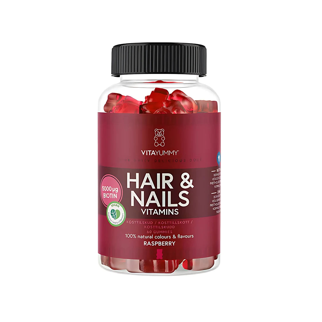 VitaYummy Hair & Nails Vitamin 60 pcs, röda gummies i en genomskinlig burk med vinröd etikett och svart lock.