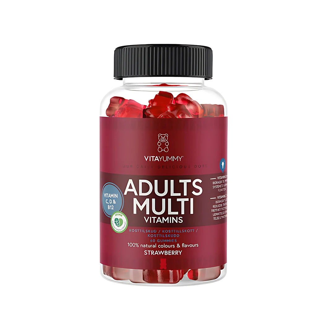 VitaYummy Adults Multivitamin 60 pcs i en genomskinlig plastburk med svart lock, mörkröd etikett och röda gummies.