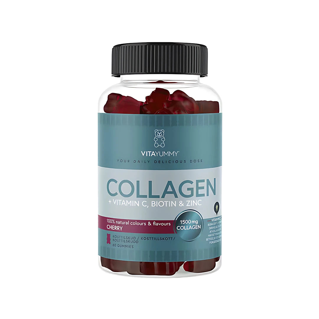 VitaYummy Collagen 60 pcs i en transparent burk med blågrå etikett, fylld med mörkröda gummies med smak av cherry.