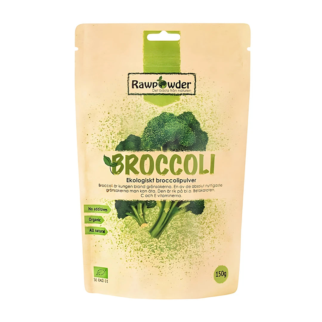 Rawpowder Broccolipulver 150 g ekologiskt pulver i en beige påse med gröna detaljer och broccoli.