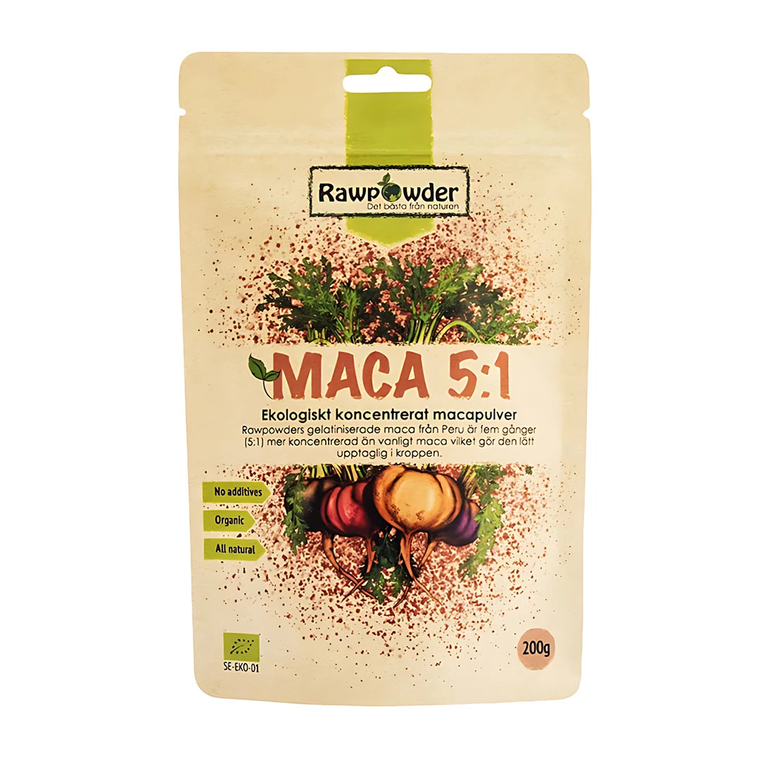 Rawpowder 5:1 Maca 200 g i en beige påse dekorerad med illustrationer av färgglada macarötter.
