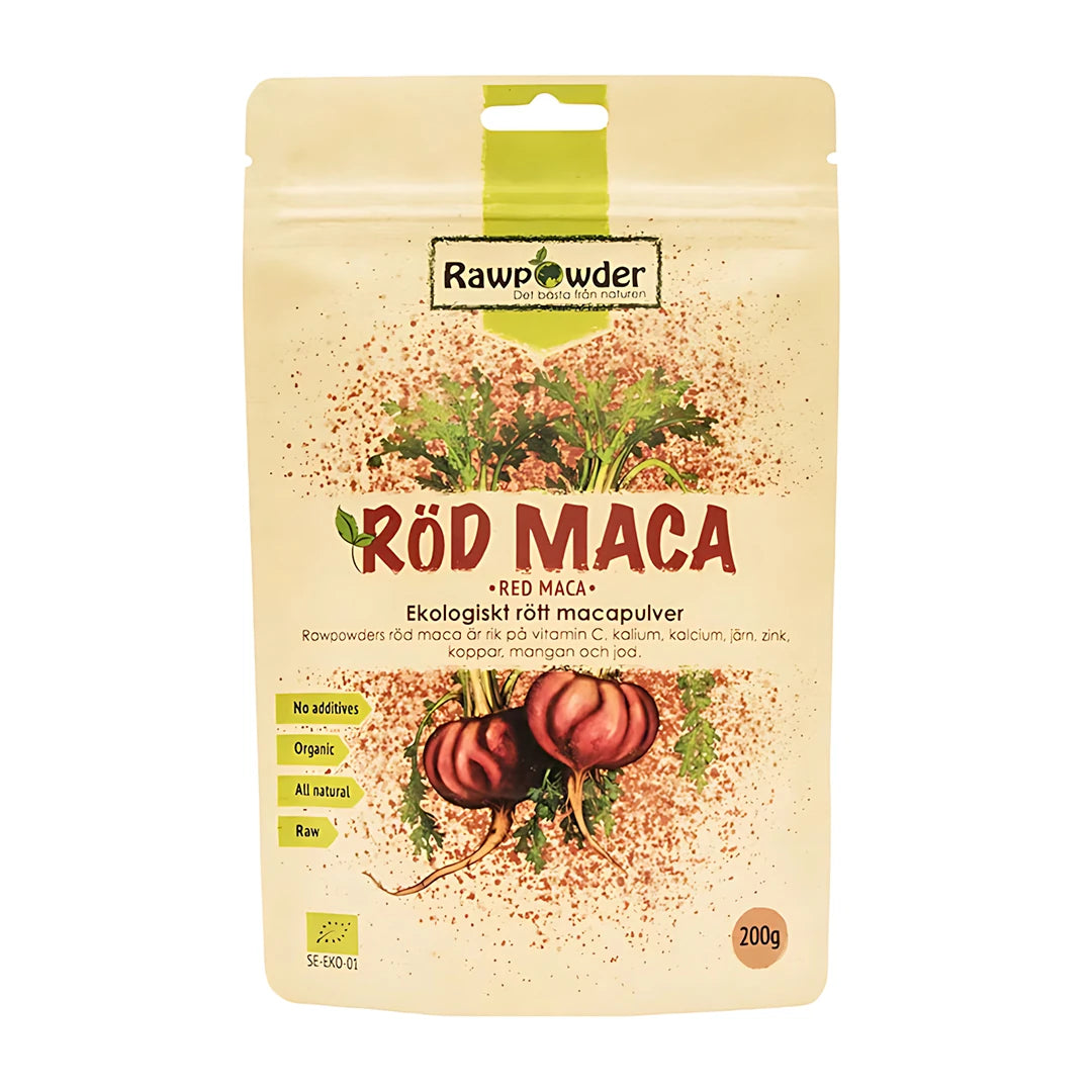 Rawpowder Röd Maca 200 g ekologiskt macapulver i en ljusgul påse med illustration av röda macarötter.