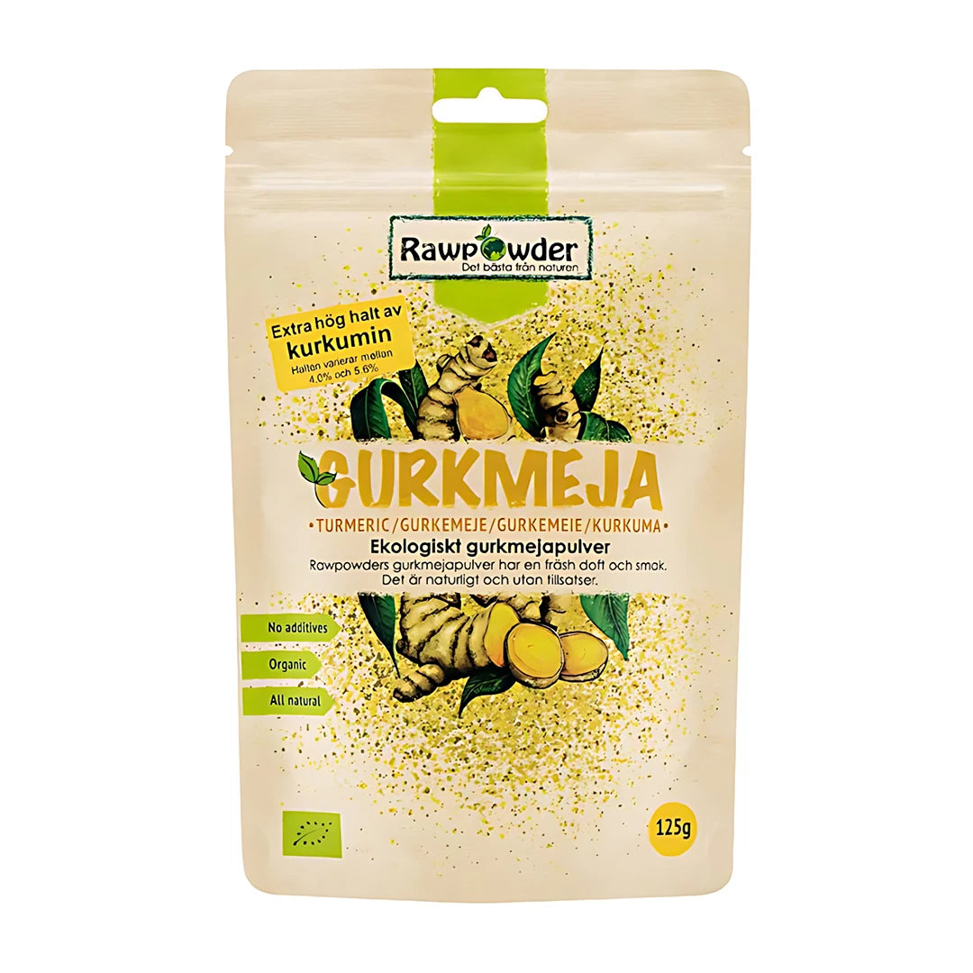 Rawpowder Gurkmeja 125 g i en ljusbeige påse med gröna detaljer och illustration av gurkmejarot.