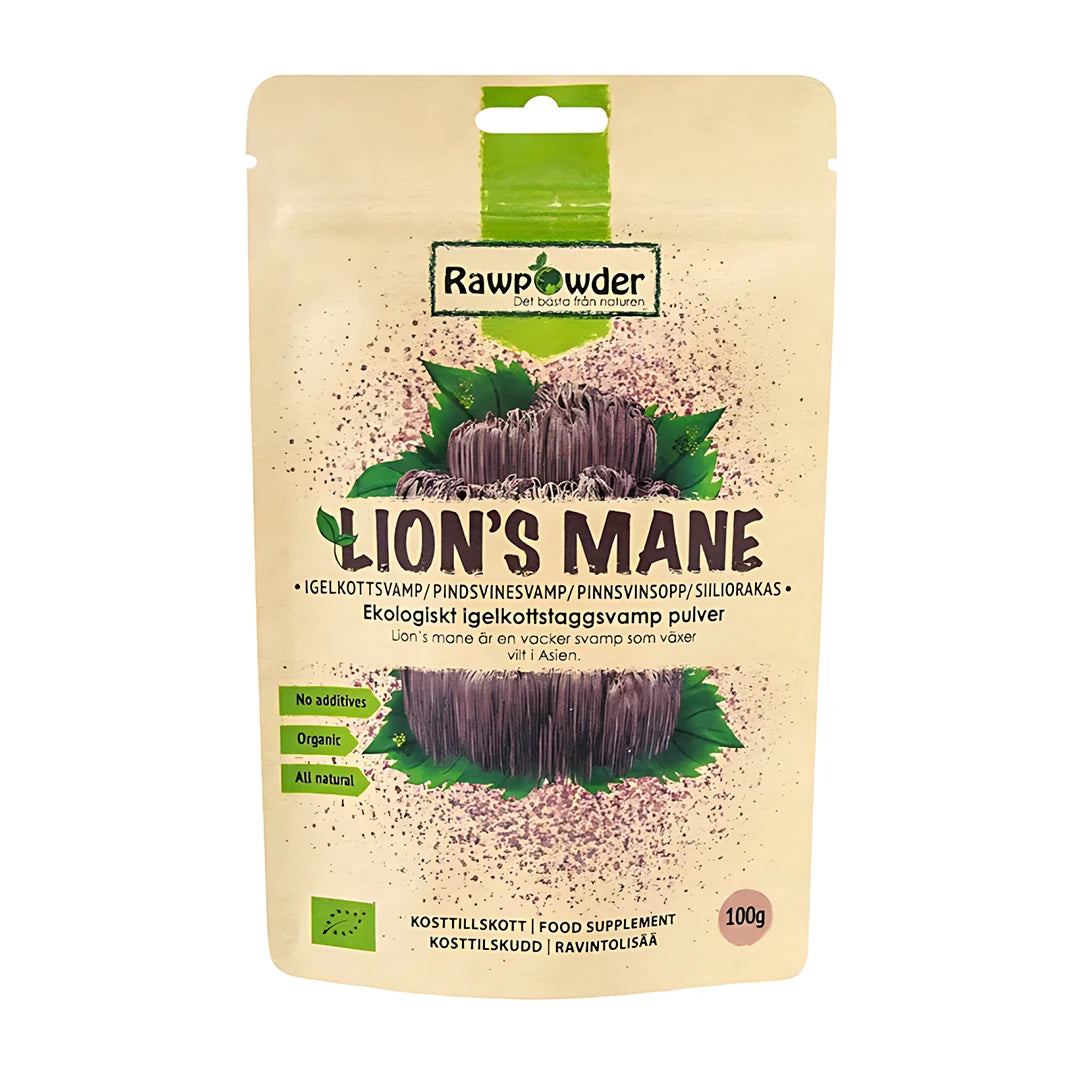Rawpowder Lions Mane pulver 100 g förpackat i en ljus påse med illustration av svampen och gröna blad.