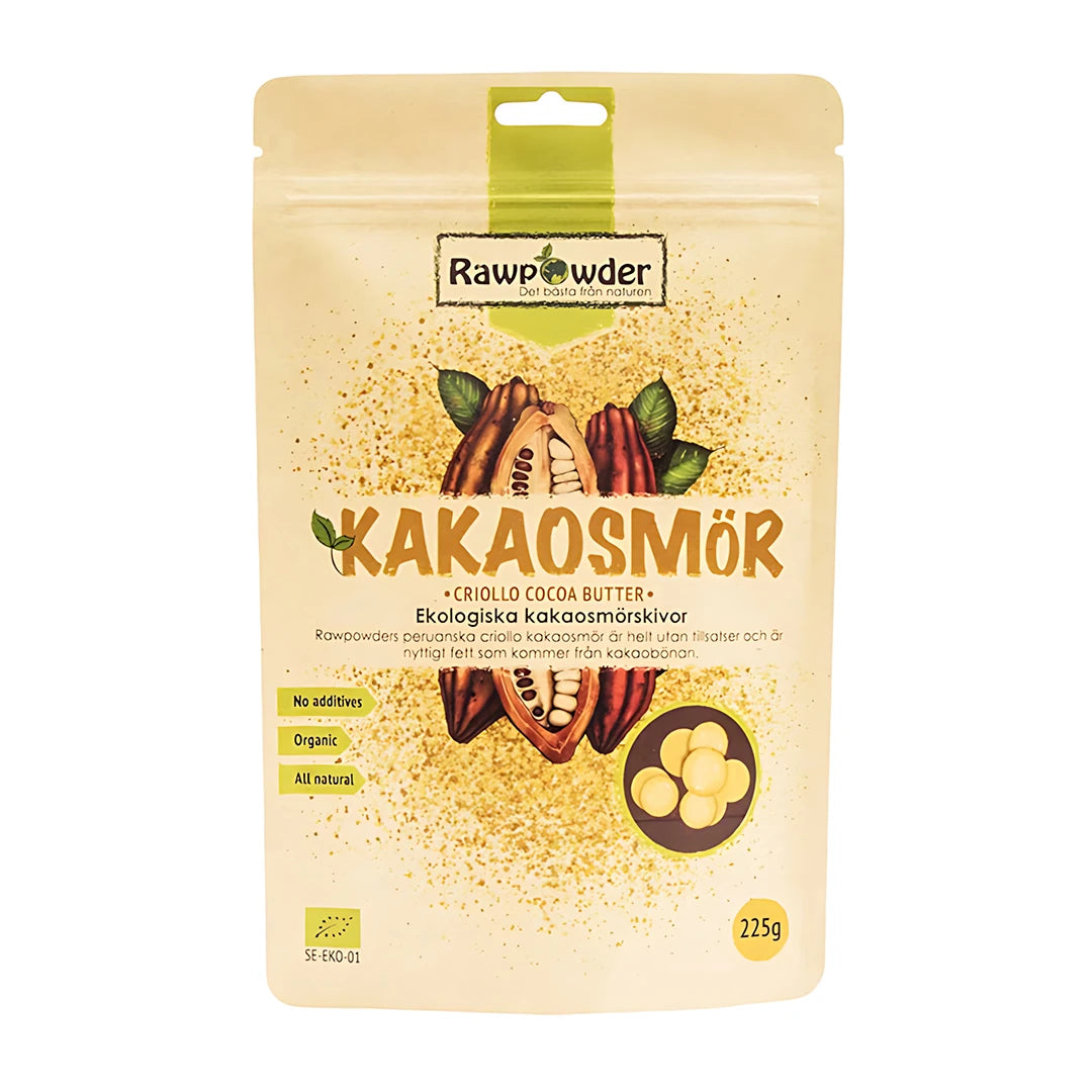Rawpowder Kakaosmör 225 g i en beige påse med illustration av kakaofrukt och kakaosmörskivor., bild 1 av 1