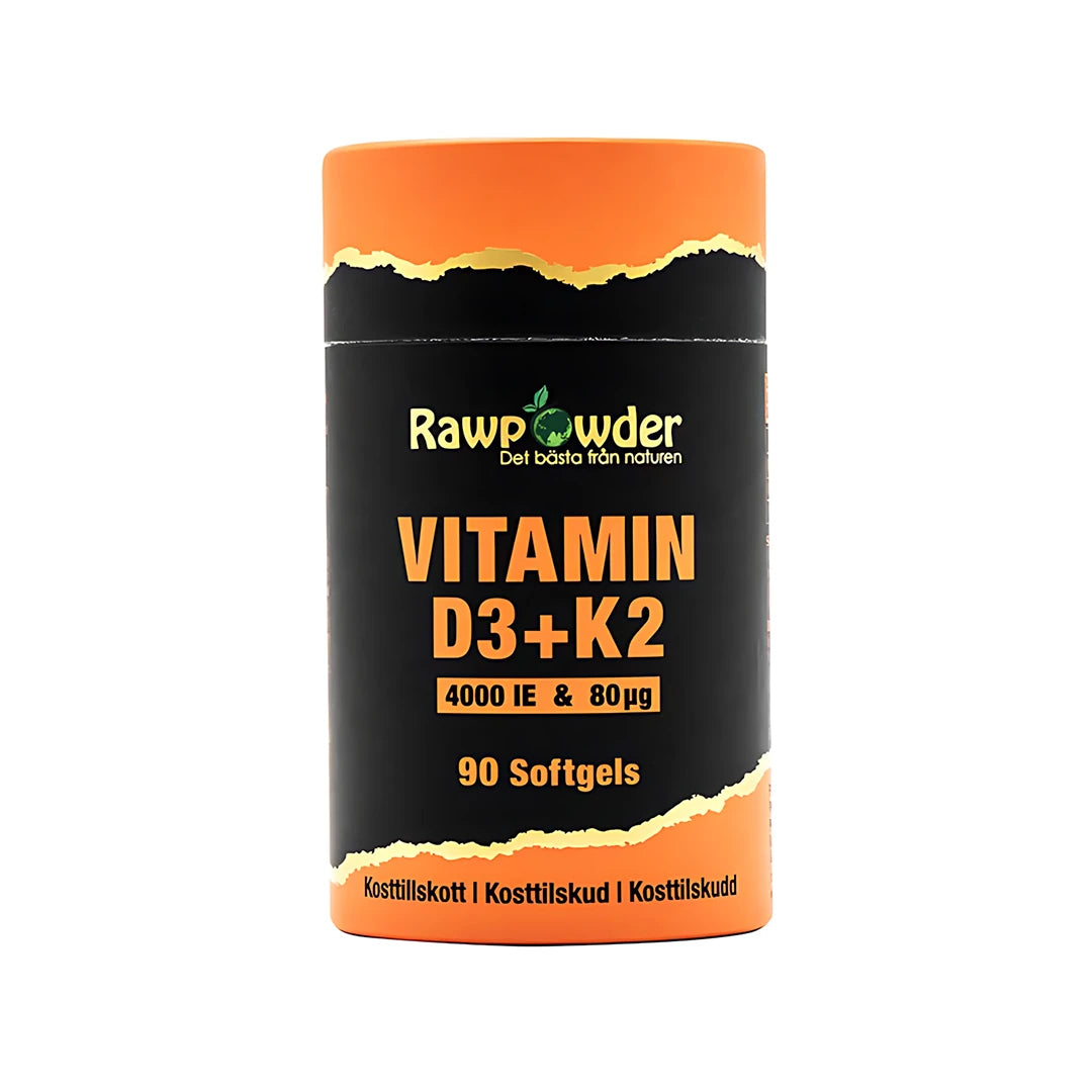 Rawpowder Vitamin D3 + K2 90 caps kosttillskott i en svart burk med orangea detaljer.