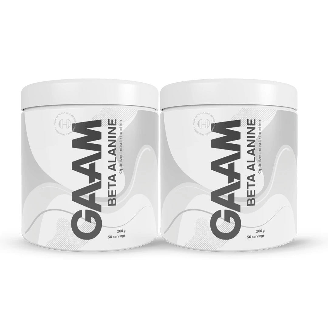 2 x GAAM Beta alanine 200 g aminosyror i två vita burkar med grå detaljer och svart text.