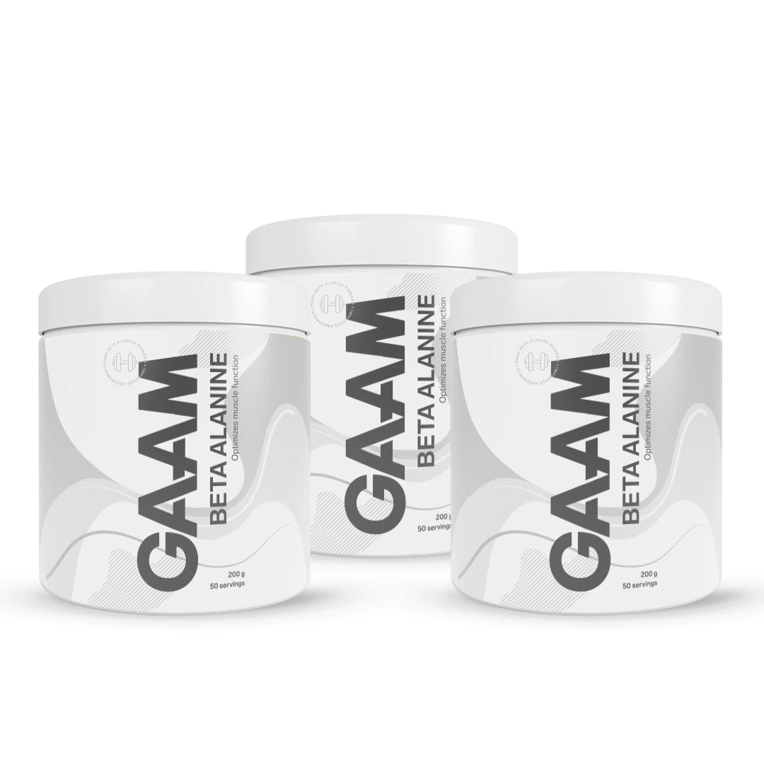 3 x GAAM Beta alanine 200 g aminosyror i tre vita burkar med grå och svarta detaljer.