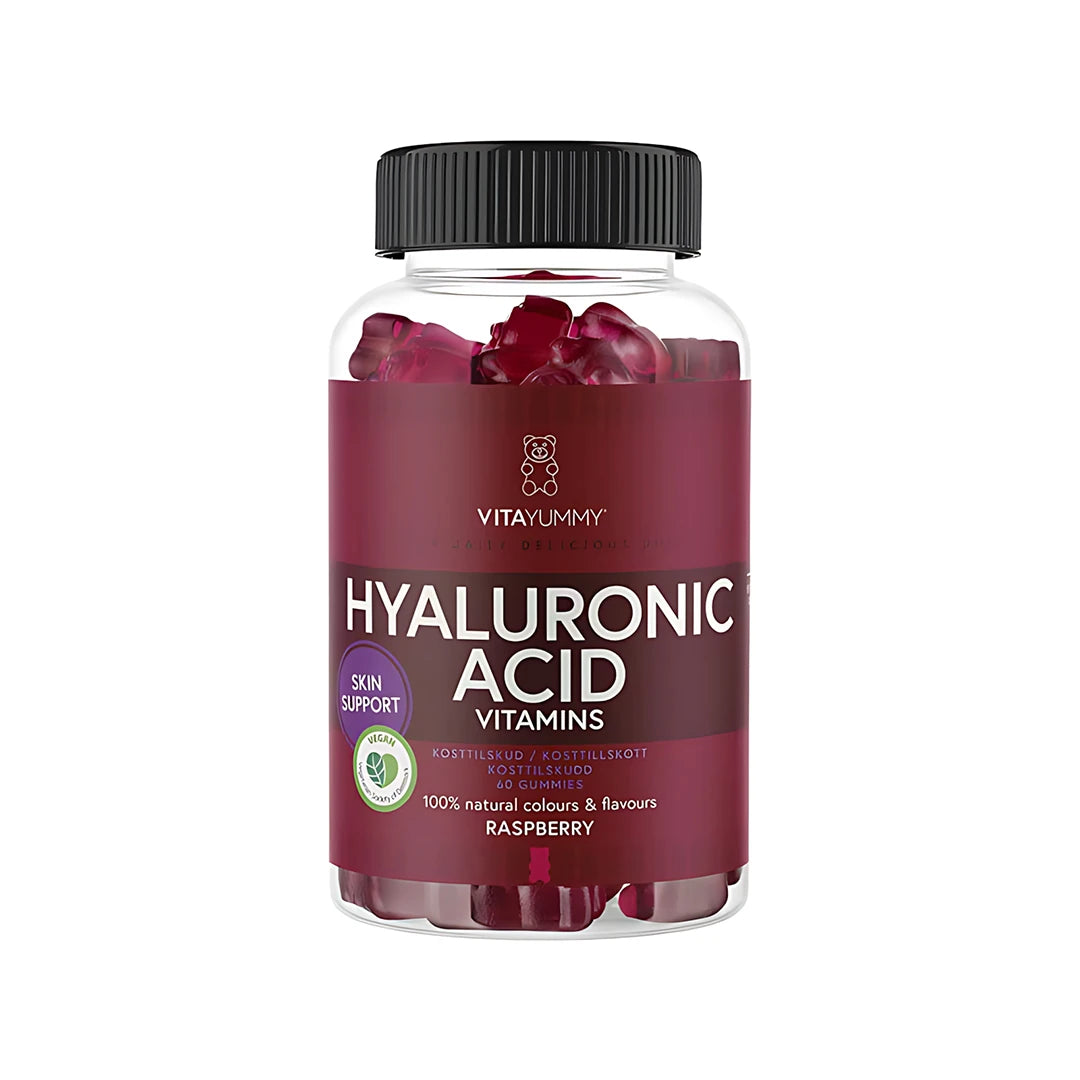 VitaYummy Hyaluronic Acid Vitamin 60 pcs i en transparent burk med svart lock, fylld med mörkröda hallongummies.