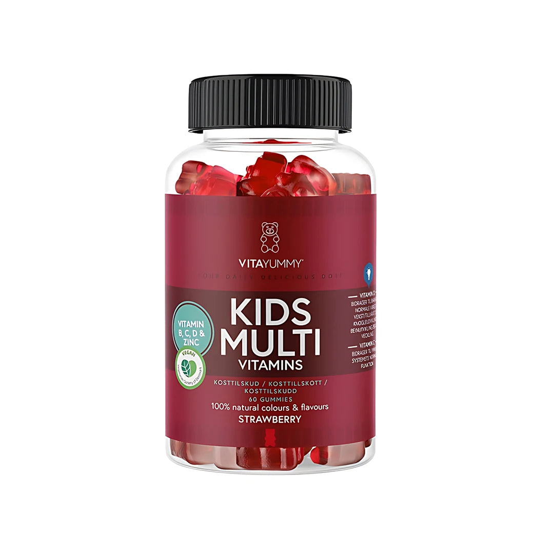 VitaYummy Kids Multivitamin 60 pcs i en klar plastburk med mörkröd etikett, svart lock och röda gummies.