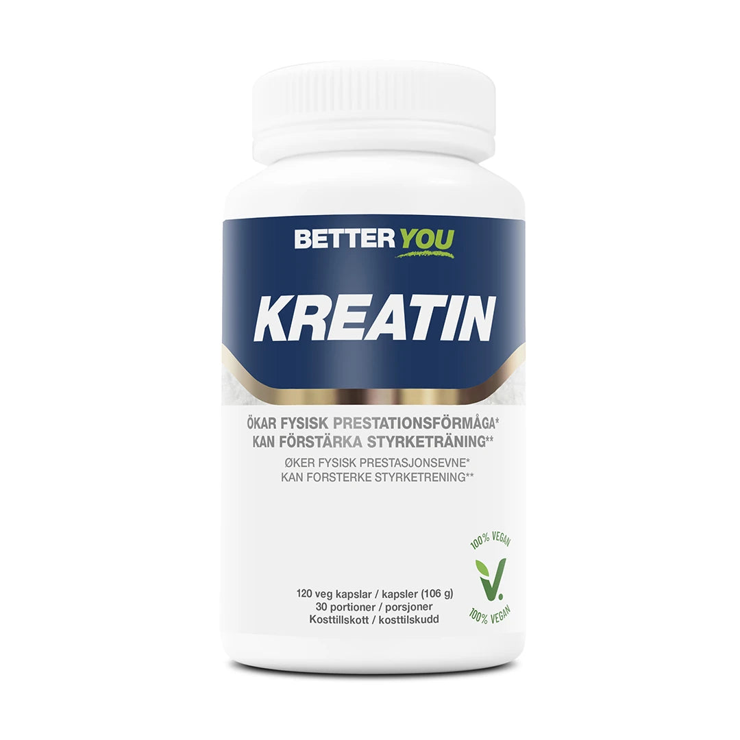 Better You Kreatinkapslar - 120 kaps i en vit burk med blå etikett, ett veganskt kreatintillskott för styrketräning.