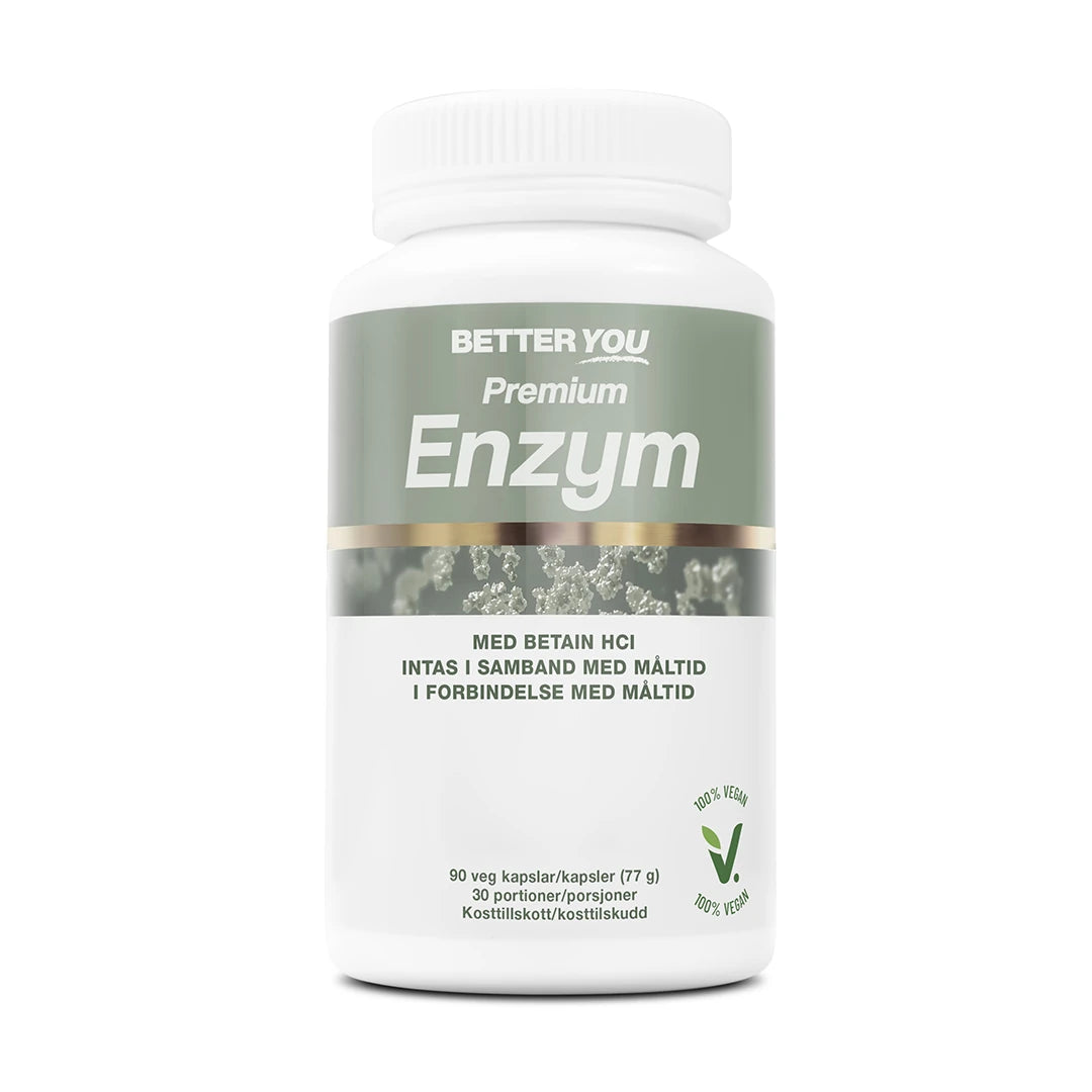 Better You Premium Enzym - 90 kaps enzymtillskott i en vit burk med grågröna och guldiga detaljer.