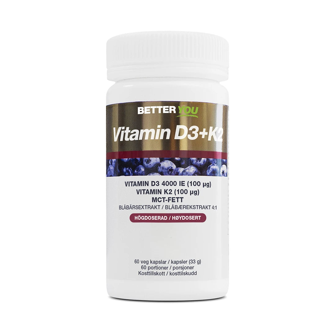 Better You Vitamin D3 4000IE + K2 100µg - 60 kaps förpackad i en vit burk med blåbärsmotiv och guldiga detaljer.