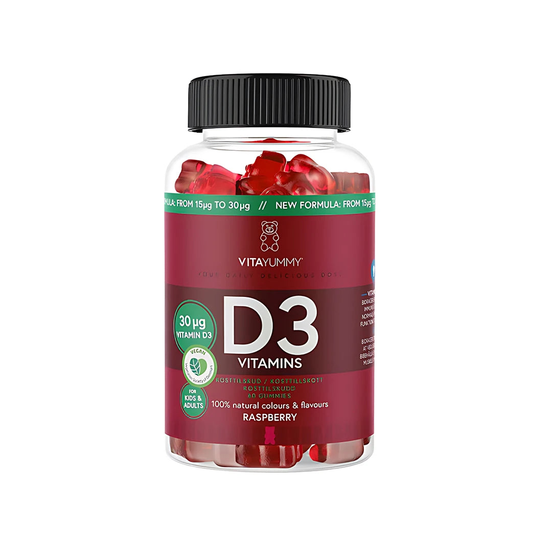 VitaYummy D3 Vitamin 60 pcs veganska gummies i en transparent burk med mörkröd etikett och svart lock.