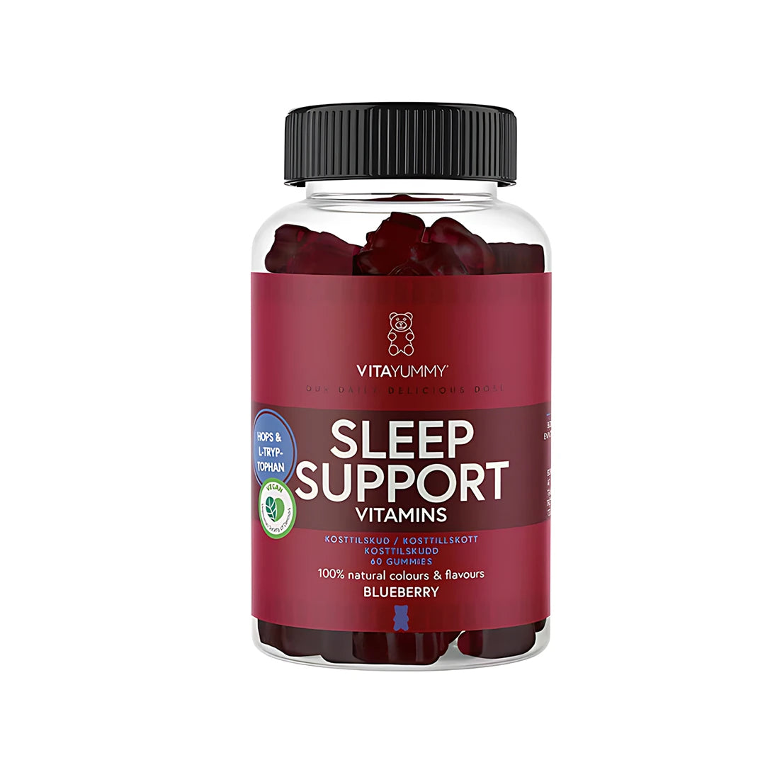 VitaYummy Calm Sleep Vitamins 60 pcs i en transparent burk med röd etikett, fylld med björnformade blåbärsgummies.