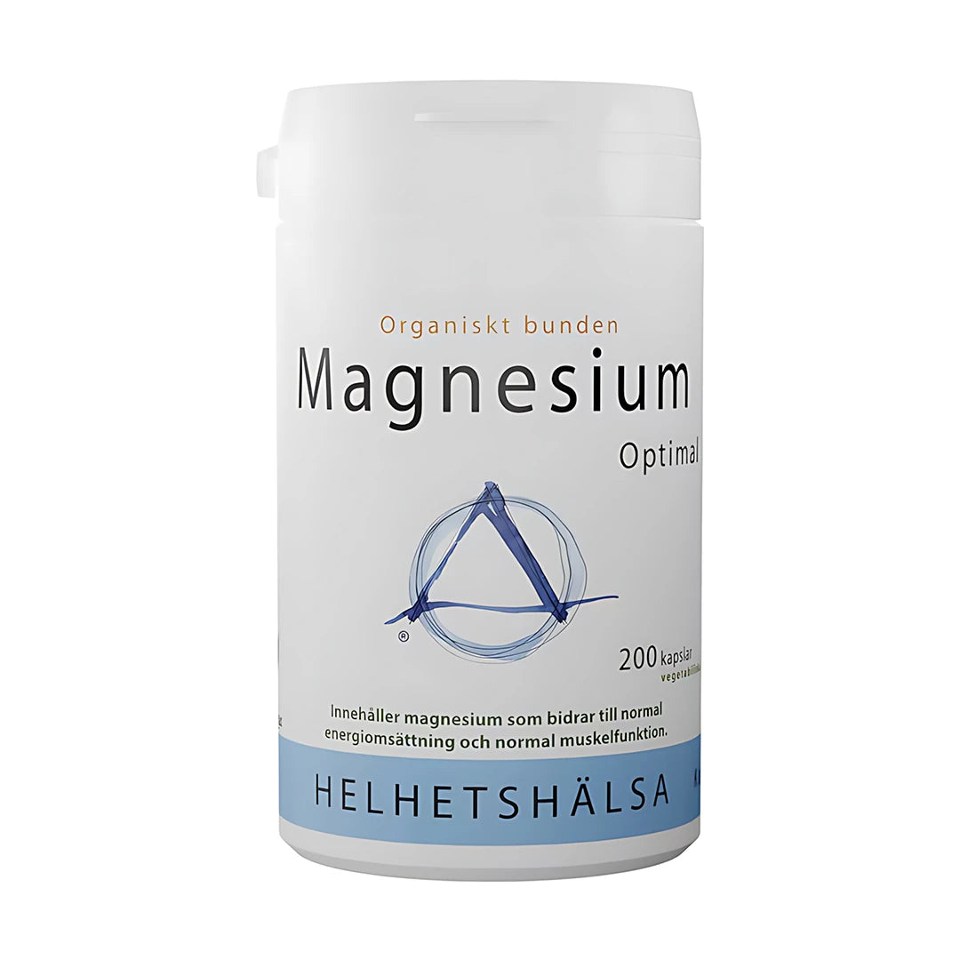 Helhetshälsa Magnesium Optimal 200 caps, ett kosttillskott förpackat i en vit plastburk med ljusblå detaljer.