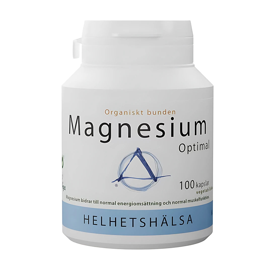 Helhetshälsa Magnesium Optimal 100 caps i en vit burk med blå detaljer, ett kosttillskott för normal muskelfunktion.