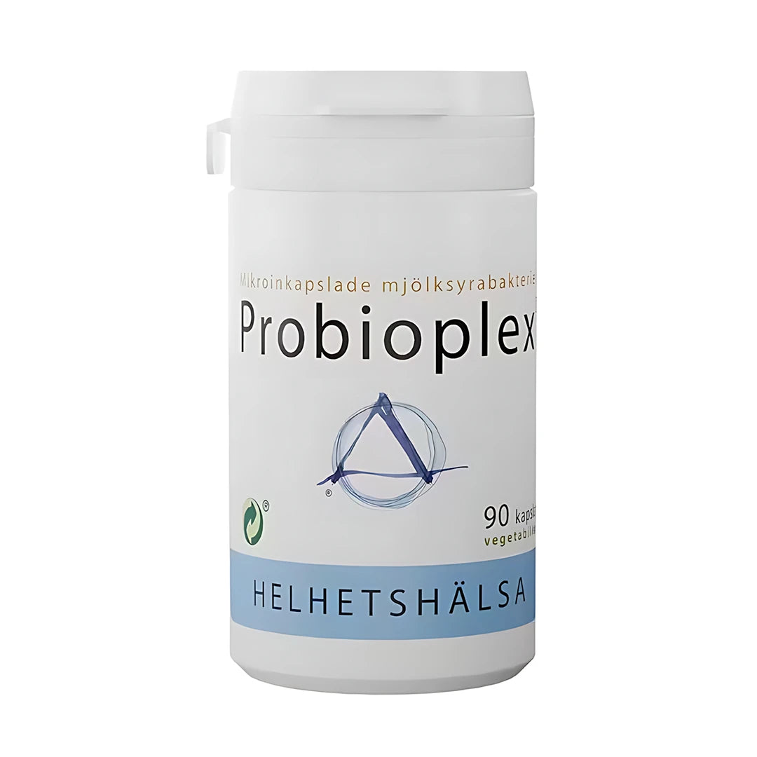 Helhetshälsa Probioplex 90 caps mjölksyrabakterier i en vit burk med ljusblå detaljer., bild 1 av 1