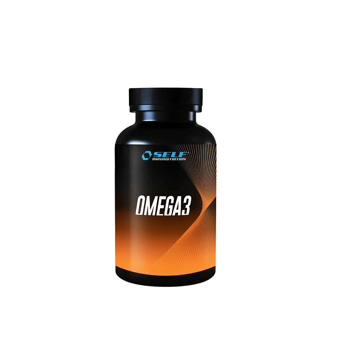Self Omninutrition Omega 3 60 caps i en svart burk med orangea detaljer.
