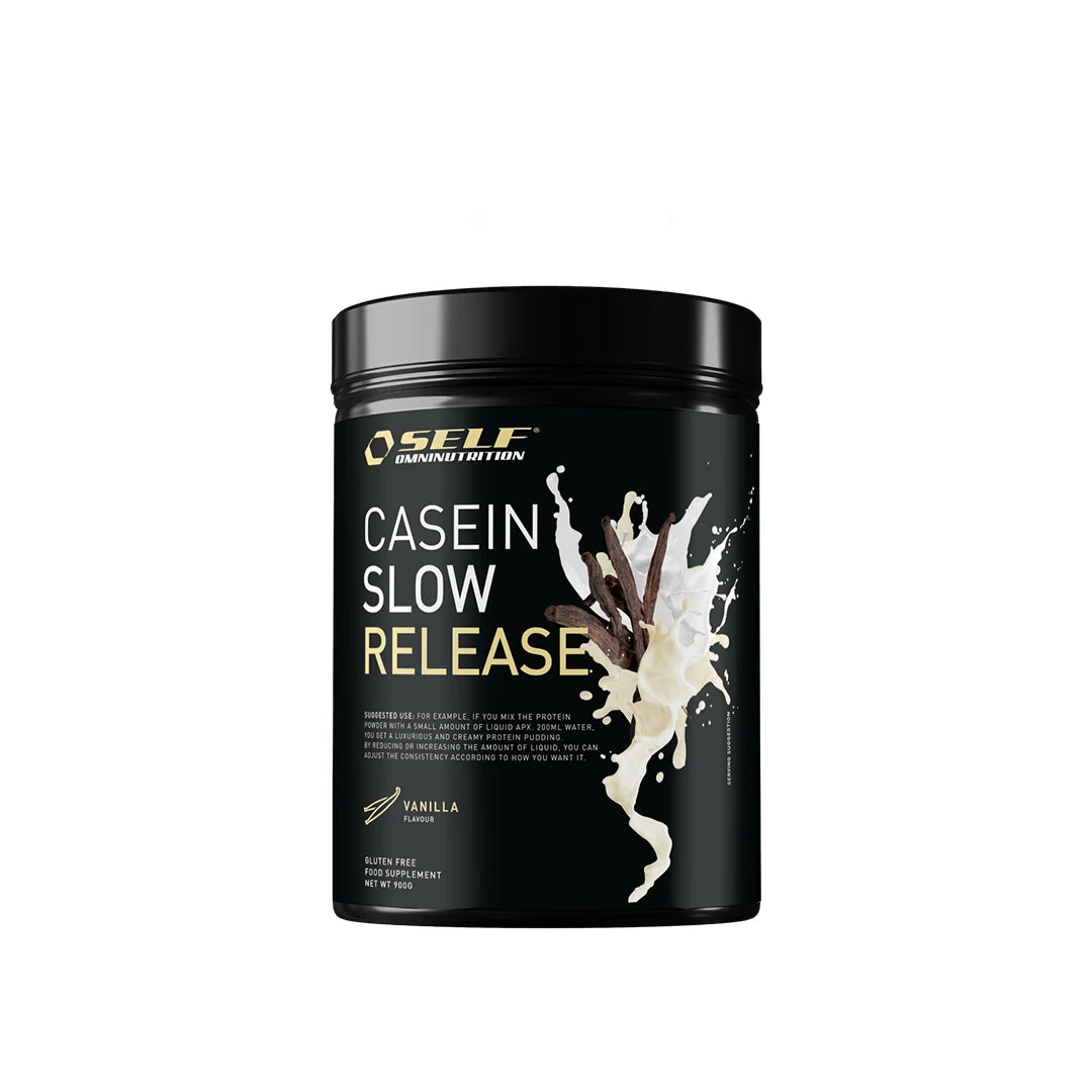 Self Omninutrition Casein 900 g kaseinproteinpulver i en svart burk med illustration av vaniljstänger och mjölkstänk för smaken Vanilla.