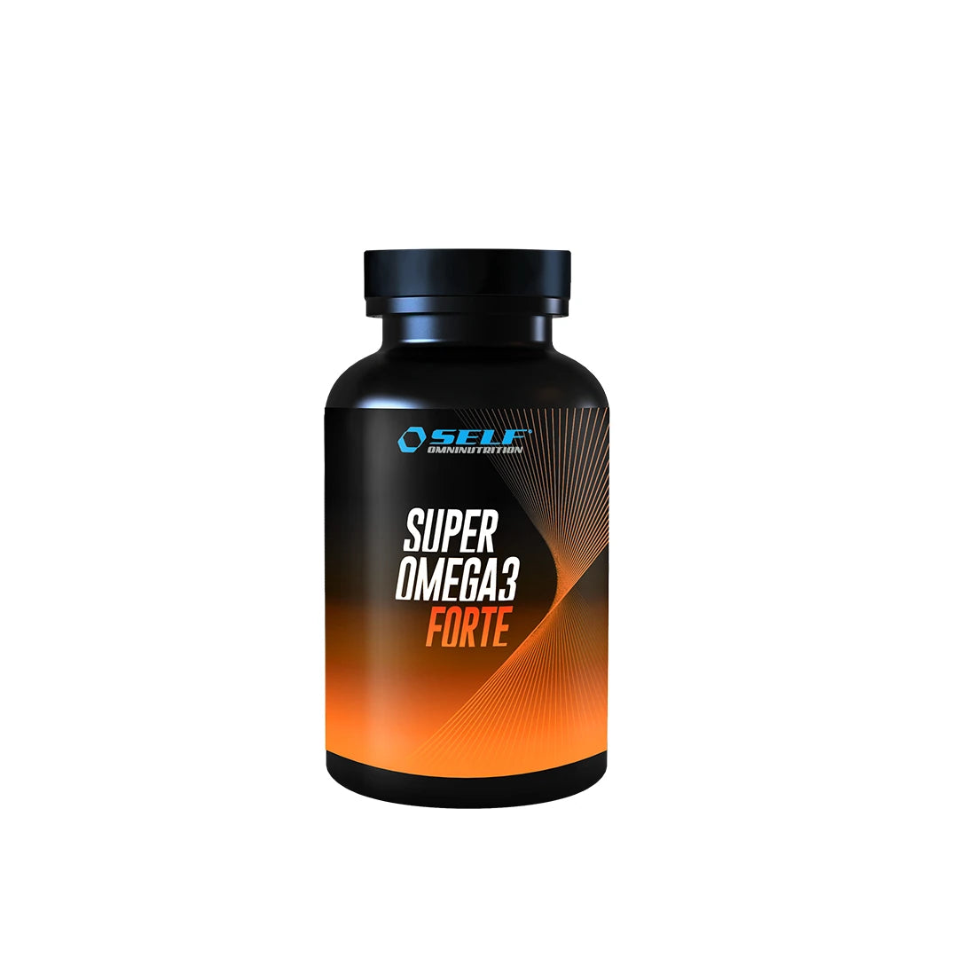 Self Omninutrition Super Omega 3 Forte 120 caps, omega-3 kosttillskott i en svart burk med orangea detaljer.