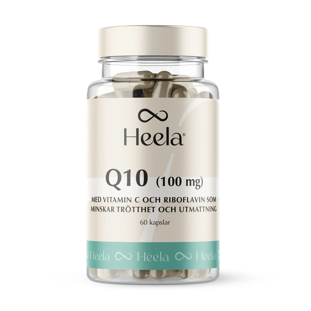 Heela Q10 - 100 mg 60 caps i en genomskinlig burk med vit etikett och turkos detalj.