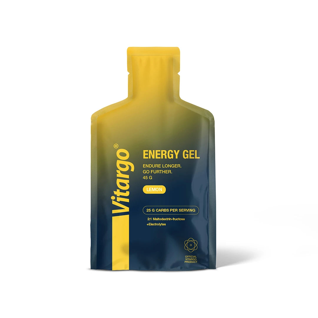 Vitargo Gels 45 g i en mörkblå och gul påse för smaken Lemon.