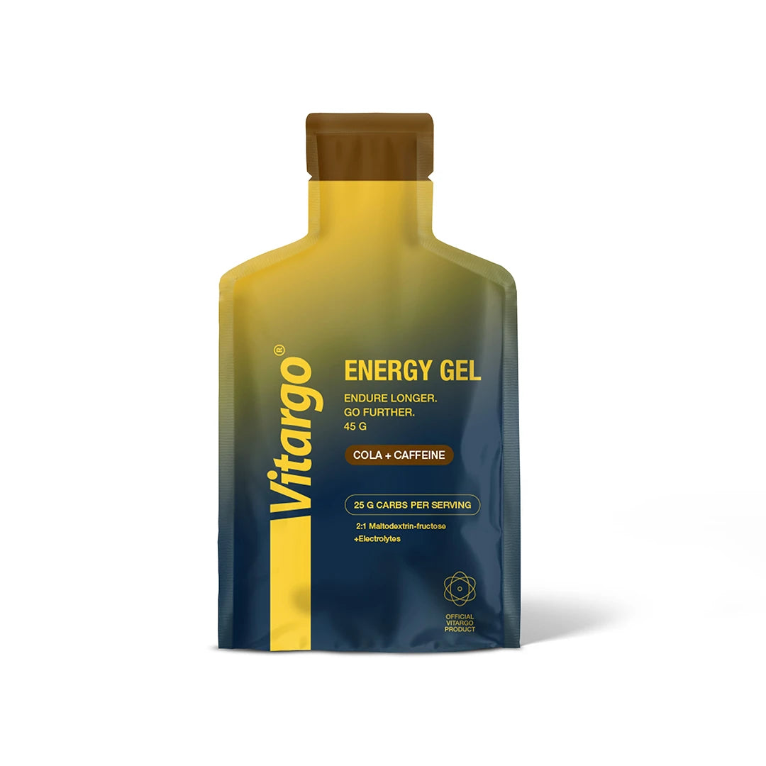 Vitargo Gels Lemon 45 g energigel i en mörkblå och gul förpackning med text för Cola-smaken.