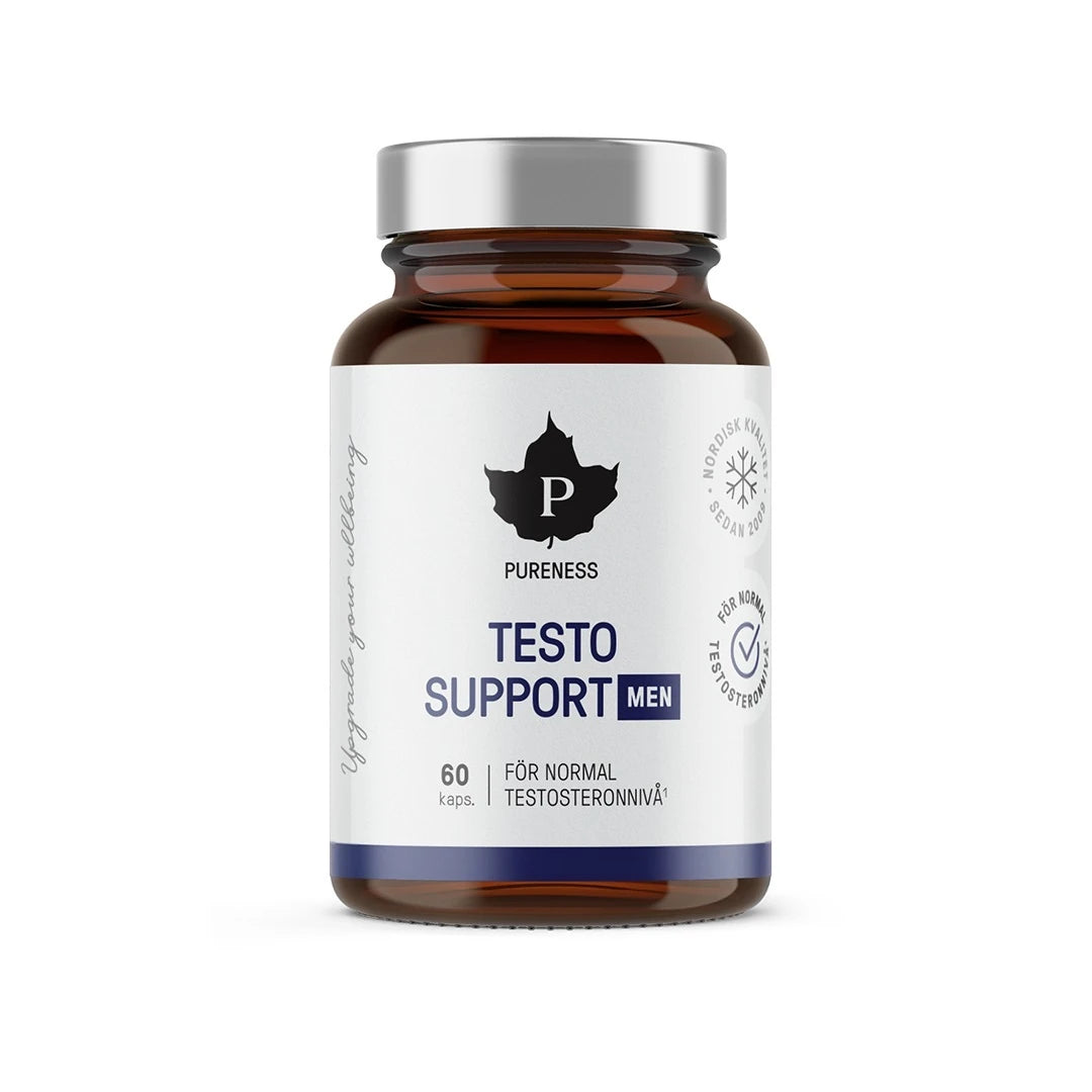 Pureness Testo Support Men 60 kapslar, kosttillskott i en mörkbrun burk med silverlock och vit etikett.