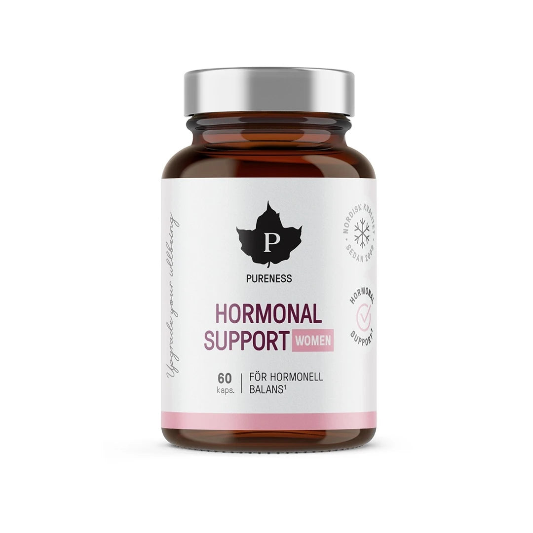 Pureness Hormonal Support Women 60 kapslar kosttillskott i en brun glasburk med vit etikett och silverfärgat lock.