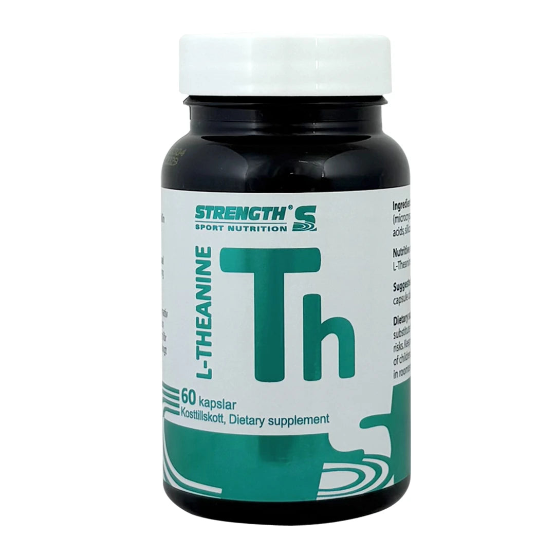 Strength Sport Nutrition L-Theanine 60 caps kosttillskott i en svart burk med vit kork och grön etikett.