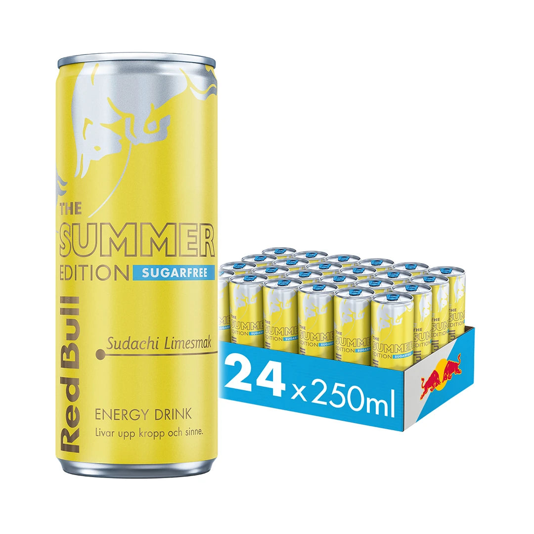24 x Red Bull 250 ml Summer Edition Sugarfree - Sudachi Lime i ett blått flak fyllt med gula och silvriga burkar.