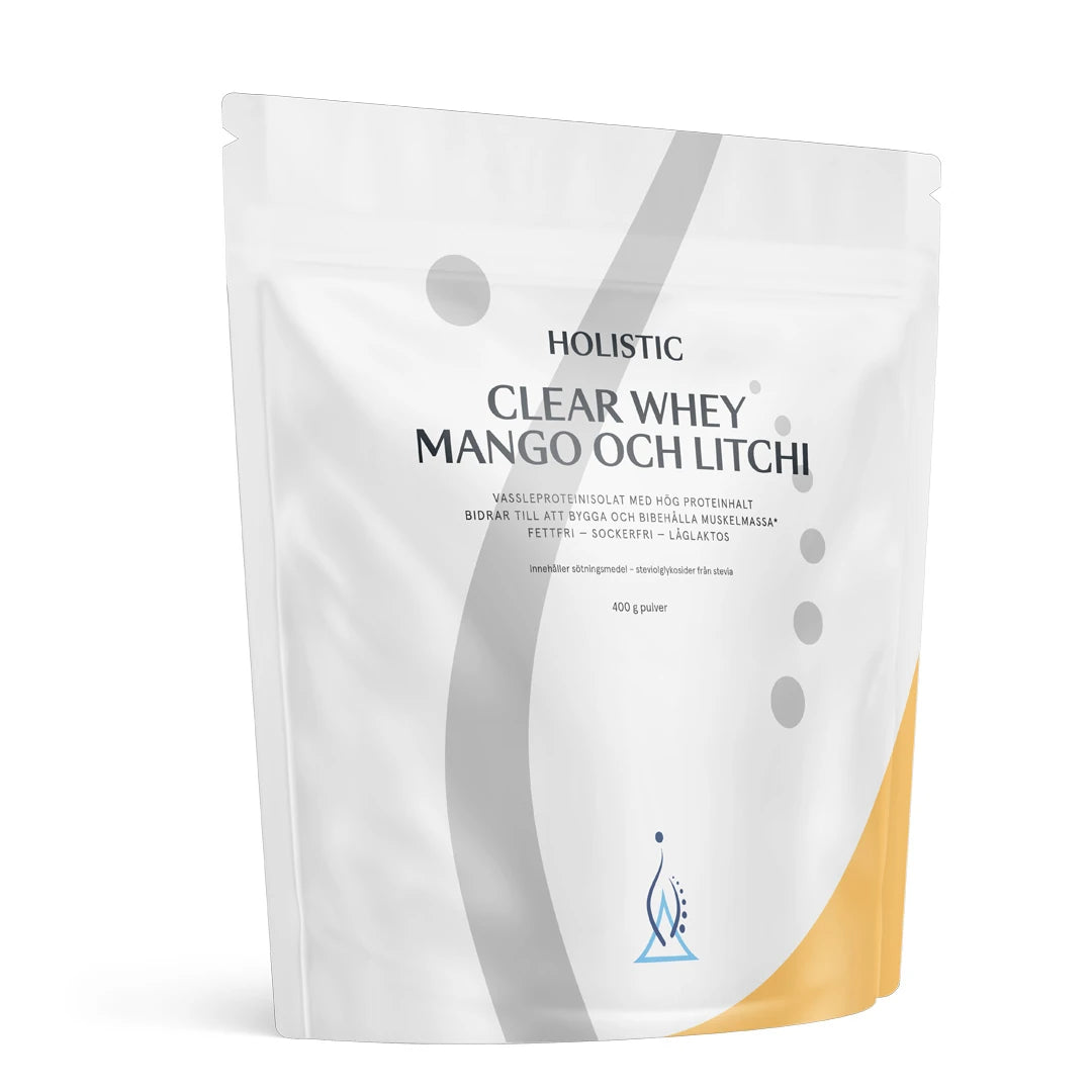 Holistic Clear Whey 400 g proteinpulver i en vit påse med gula detaljer för smaken Mango och Litchi.